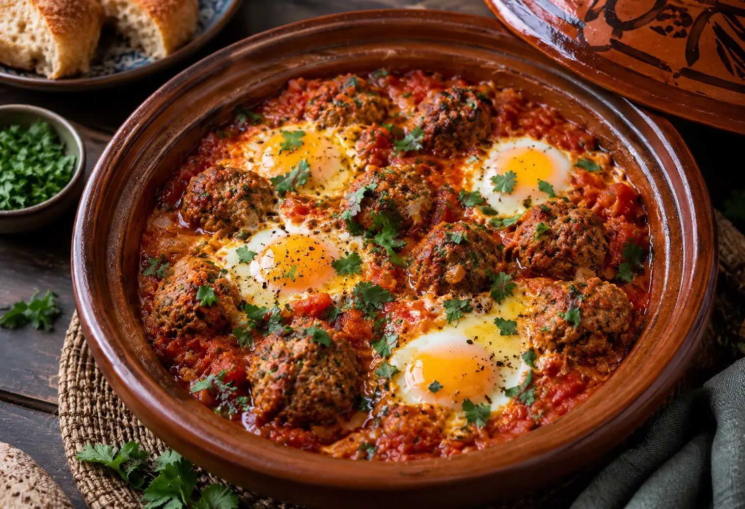 Tajine kefta aux œufs et pain marocain