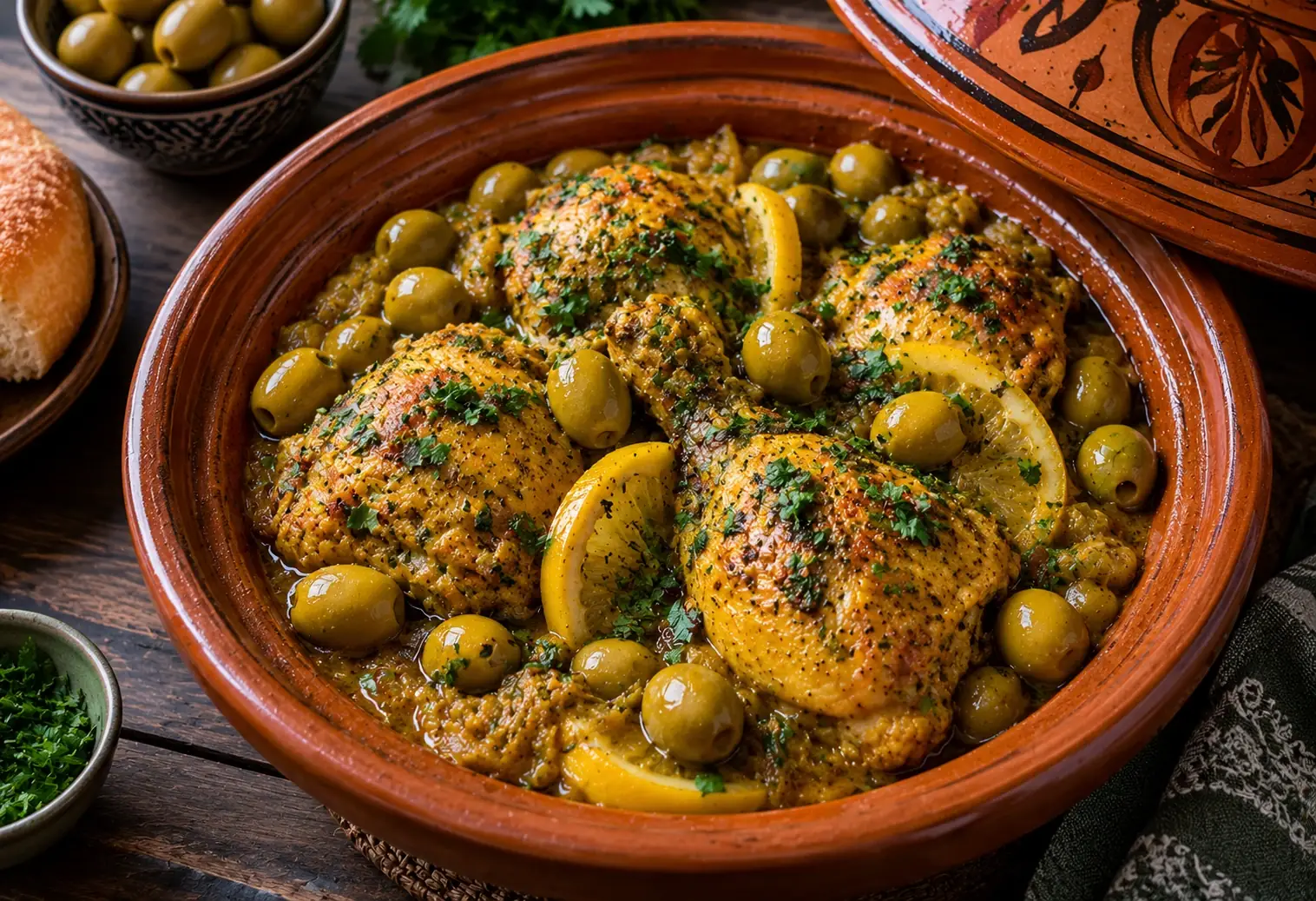 Tajine poulet aux olives et pain marocain
